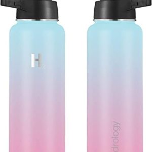 H2 Hydrology Sport Water Bottle 3 LIDS (Straw Lid & Spout Lid) | Double Wall Vacuum Insulated Stainless Steel Wide Mouth | Sports Hot & Cold Leak Proof Sweat Free Thermos (40 oz, Rainbow Magic)