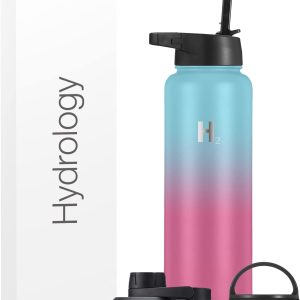 H2 Hydrology Sport Water Bottle 3 LIDS (Straw Lid & Spout Lid) | Double Wall Vacuum Insulated Stainless Steel Wide Mouth | Sports Hot & Cold Leak Proof Sweat Free Thermos (40 oz, Rainbow Magic)