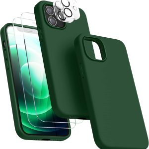 [5 in 1 for iPhone 12 Phone Case/iPhone 12 Pro Phone Case with Screen Protector and Camera Lens Protector, Liquid Silicone Phone Case for iPhone 12 Pro (Alpine Green)…