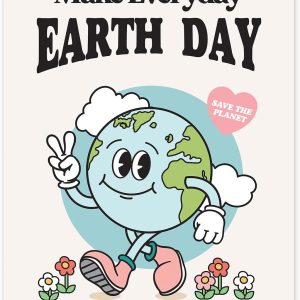 Retro Earth Day Poster, Earth Wall Art, Retro Environmental Poster, Cute Wall Decor, Vintage Character Dorm Poster