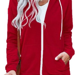 Women Casual Full Zip Up Hoodie Comfy Loose Long Sleeve Sweatshirt Solid Color Jacket with Pockets