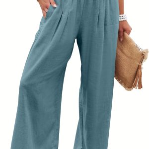 Women Linen Palazzo Pants Summer Boho Wide Leg High Waist Smocked Casual Lounge Pant Trousers with Pocket