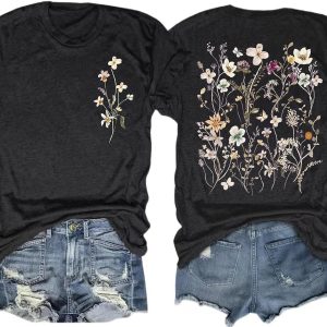 Women’s Vintage Flowers Shirt Casual Boho Cottagecore Pastel Botanical Floral Printed T-Shirt Wildflowers Graphic Tees Tops