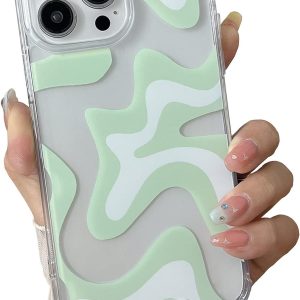 Sayoaho Compatible with iPhone 12 Pro/iPhone 12 Phone Case, Cute Art Wavy Painted for Women Girls, Soft TPU Edge PC Back Protective Shockproof Phone Case-Green (iPhone 12 Pro/iPhone 12)