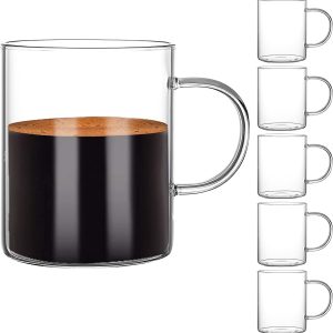 Glass Coffee Mugs Set of 6, Aoeoe 15 oz Large Coffee Mug, Wide Mouth Glass Mugs, Mocha Hot Beverage Mugs, Clear Espresso Cups with Handle, Glass Cup for Hot or Cold Latte, Cappuccino, Tea, Juice, Beer