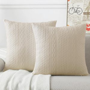 Decorative Throw Pillow Covers 18×18 Set of 2 for Sofa Bed with Raised Twisted Rope Pattern, Stretchy Embossed Couch Pillow Covers, Beige