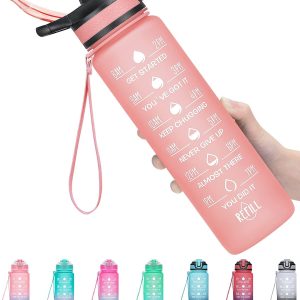 32oz Leakproof Motivational Sports Water Bottle with Straw & Time Marker, Flip Top Durable BPA Free Tritan Non-Toxic Frosted Bottle Perfect for Office, School, Gym and Workout