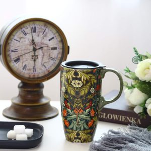 Ceramic Travel Mug with Lid and Handle Gift for Coffee Lovers Ceramic Coffee Mug Porcelain Latte Teacup Ceramic Milk Mug in Color Box 17 Oz, Green Flower Tea Mug