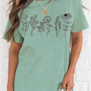 Women’s Floral Tee Wildflower Graphic T Shirt Summer Flower Casual Loose Top Crew Neck Short Sleeve Shirts Tees