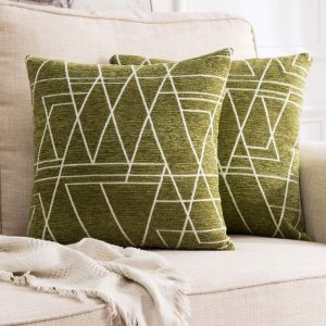 Pack of 2 Decorative Throw Pillow Covers Geometric Pattern Chenille Cozy Modern Concise Soft Moss Green Square Cushion Shams for Spring Bedroom Sofa Car 18 x 18 Inch