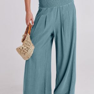 Women Linen Palazzo Pants Summer Boho Wide Leg High Waist Smocked Casual Lounge Pant Trousers with Pocket