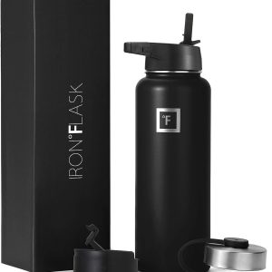 IRON °FLASK Sports Water Bottle – 40 Oz 3 Lids (Straw Lid), Leak Proof – Stainless Steel Gym & Sport Bottles for Men, Women & Kids – Double Walled, Insulated Thermos, Metal Canteen