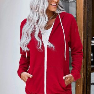 Women Casual Full Zip Up Hoodie Comfy Loose Long Sleeve Sweatshirt Solid Color Jacket with Pockets