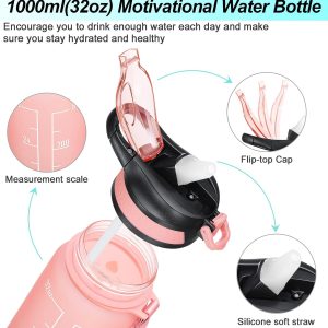 32oz Leakproof Motivational Sports Water Bottle with Straw & Time Marker, Flip Top Durable BPA Free Tritan Non-Toxic Frosted Bottle Perfect for Office, School, Gym and Workout