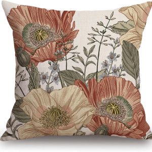 Vintage Flowers Pillow Cover Rustic Cotton Linen Decorative Square Throw Pillow Cover 18×18 Inch for Sofa Couch Decoration