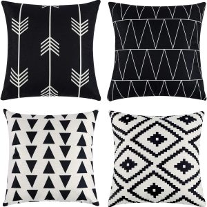 Set of 4 Decorative Geometric 18 x 18 Inches Throw Pillow Covers – Modern Pattern Linen Square Pillow Cushion Case for Sofa Couch Bed Home Outdoor Car (18″ x 18″, Black)