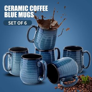 Hasense Ceramic Coffee Mugs Set of 6,15 Ounce Coffee Cups Set with Handle,Porcelain Tea Mug for Kitchen, Blue Mugs for Coffee,Cocoa,Dishwasher and Microwave Safe