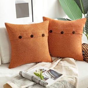 Phantoscope Farmhouse Throw Decorative Pillow Cover Triple Button Vintage Linen Geometric-Pattern Halloween Fall Pillow Cases for Couch Bed, Orange, 18 x 18 inches, Pack of 2