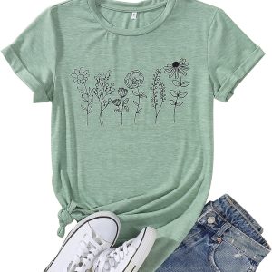 Women’s Floral Tee Wildflower Graphic T Shirt Summer Flower Casual Loose Top Crew Neck Short Sleeve Shirts Tees