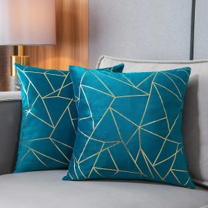 Pack of 2 Velvet Cushion Cases Decorative Gold Foil Geometric Pattern Throw Pillow Covers for Modern Homes Couch Sofa Bedroom Living Room (Aqua Blue and Gold, 18“X18”)