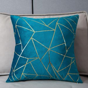 Pack of 2 Velvet Cushion Cases Decorative Gold Foil Geometric Pattern Throw Pillow Covers for Modern Homes Couch Sofa Bedroom Living Room (Aqua Blue and Gold, 18“X18”)