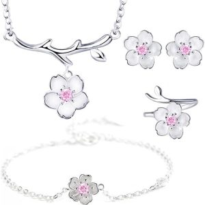 925 Sterling Silver Jewelry Sets Romantic Cherry Blossoms Flower Necklace+Earrings+Ring+Bracelet for Women Gift Pink Set