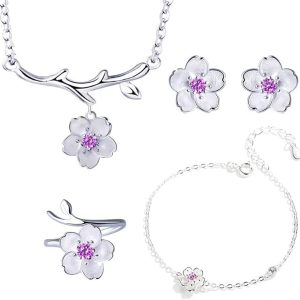 925 Sterling Silver Jewelry Sets Romantic Cherry Blossoms Flower Necklace+Earrings+Ring+Bracelet for Women Gift Pink Set