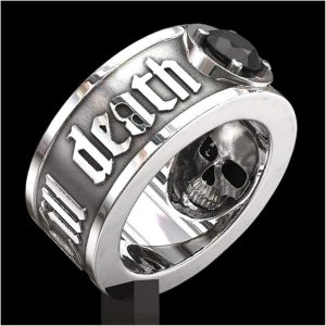 ‘Till Death Do Us Part’ Amount Skull Ring Black Crystal Punk Wedding Engagement Jewelry for Men