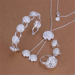 Fashion 925 Sterling Silver Jewelry Set Rings Bracelets Necklaces Earring Stud for Women Rose Flower Bangle Party Wedding Gifts