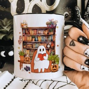 Halloween Book Lover Coffee Cup, New Home Presents, Cute Ghost Reading Mug, Bookish Cup Gift, Fall Housewarming Gift, Friend Birthday Gifts (15oz, Black)