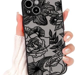 Rose Compatible with iPhone 13 Black Rose, Cute Rose Flower Floral Pattern Design, Rose Flower Shockproof Protective Phone Cover for Women Girls, Flower Rose Black 6.1″