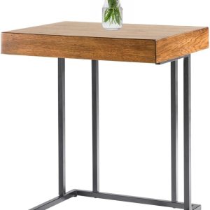 CLAUOSF Pecan Wood and Metal Laptop Table with Drawer and Metal Base, Mid Century 1-Drawer Wood Side Table, Nightstand End Table for Living Room, Bedroom