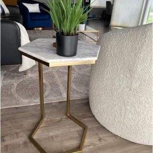 CLAUOSF White Marble Top and Gold Metal Laptop Table, Hexagon Side Table with Metal Base, Mid Century Nightstand, End Table for Living Room, Bedroom