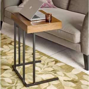 CLAUOSF Pecan Wood and Metal Laptop Table with Drawer and Metal Base, Mid Century 1-Drawer Wood Side Table, Nightstand End Table for Living Room, Bedroom